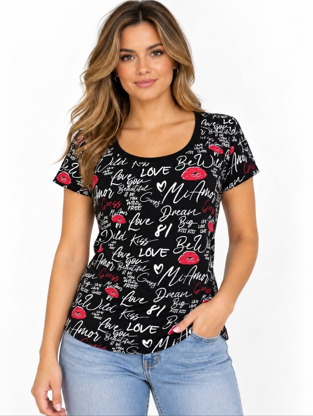 GUESS Womens Large Black Lipstick Lips Graphic Script Tee Shirt Love